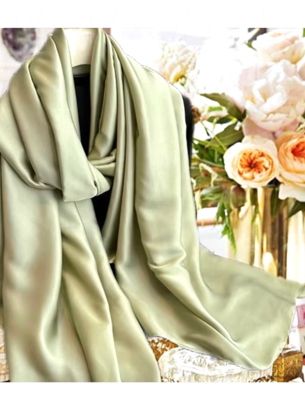 100% SILK SATIN Olive Green Large Shawl Scarf Wrap Prom Cover Up Wedding Gift